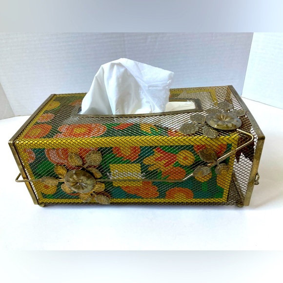 Midcentury Tissue Holder Cottagecore Gold Toned Mesh Ivy Flowers - Picture 4 of 11